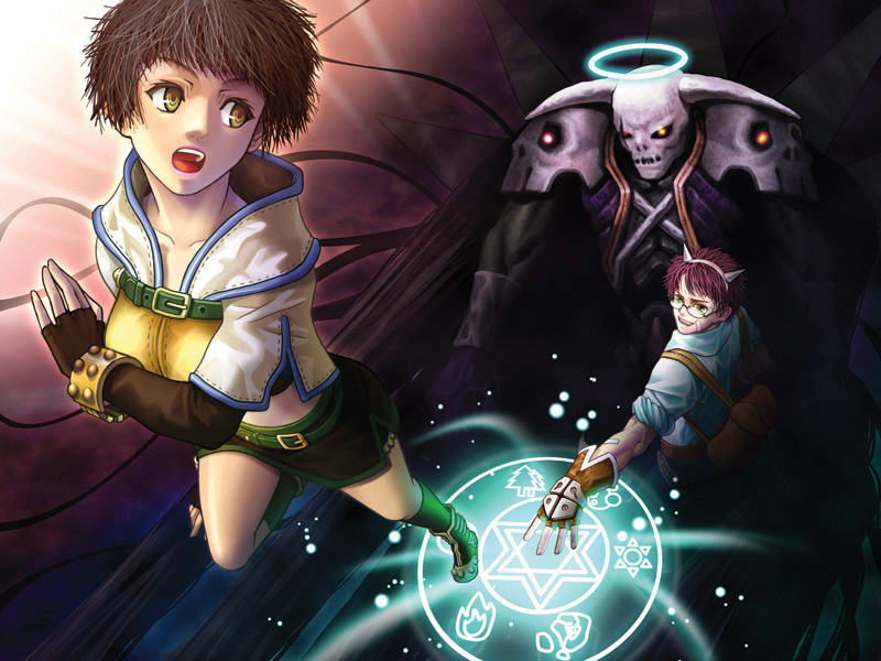 1girl, 2boys, blacksmith_(ragnarok_online), blue_halo, breasts, brown_eyes, brown_gloves, brown_hair