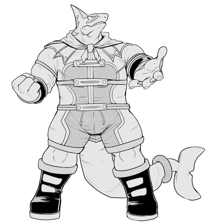 1boy, 96_gatefield, absurdres, araba_(shangri-la_frontier), bara, commentary_request, fangs, fins