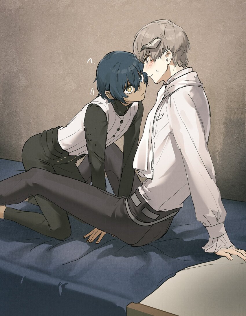 2boys, ?, abi_07km, bed, black_pants, blue_eyes, blue_hair, blush, closed_mouth, commentary_request, dark-skinned_male, dark_skin, grey_hair, hair_between_eyes, heterochromia, highres, horns, long_sleeves, male_focus, metaphor:_refantazio, multiple_boys, on_bed, pants, protagonist_(metaphor:_refantazio), shirt, sitting, strohl_(metaphor:_refantazio), sweat, vest, white_shirt, white_vest, yaoi, yellow_eyes