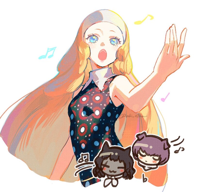 1girl, 2boys, :3, abi_07km, basilio_(metaphor:_refantazio), black_hair, black_skin, blue_eyes