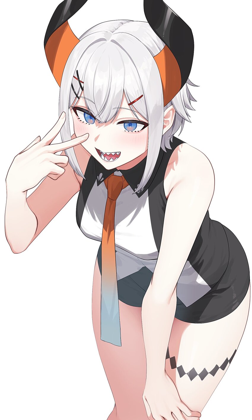 1girl, absurdres, black_horns, blue_eyes, blue_necktie, blush, gradient_necktie, hair_ornament