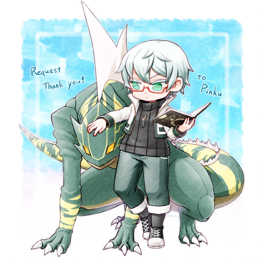 1boy, azi_dahaka_(under_night_in-birth), blue_eyes, book, chaos_(under_night_in-birth), crystal_necklace, familiar, glasses