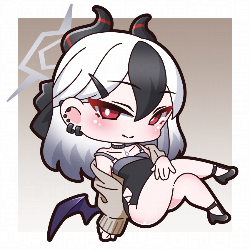 1girl, absurdres, black_dress, black_hair, black_shoes, blue_archive, blush, brown_jacket, chibi, closed_mouth, commentary_request, crossed_legs, dress, ear_piercing, earrings, full_body, grey_hair, hair_between_eyes, hair_ornament, hairclip, halo, high_heels, highres, horns, jacket, jewelry, kayoko_(blue_archive), kayoko_(dress)_(blue_archive), long_hair, long_sleeves, looking_at_viewer, low_wings, multicolored_hair, off_shoulder, open_clothes, open_jacket, piercing, puffy_long_sleeves, puffy_sleeves, purple_wings, red_eyes, saishosaisekojo, shoes, single_wing, sleeveless, sleeveless_dress, sleeves_past_wrists, smile, solo, strap_slip, two-tone_hair, wings