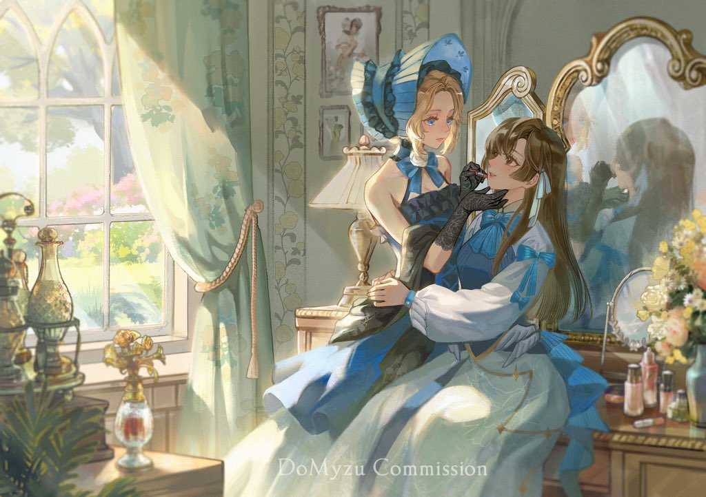 2girls, applying_lipstick, applying_makeup, bare_shoulders, black_choker, black_gloves, black_shawl, blonde_hair