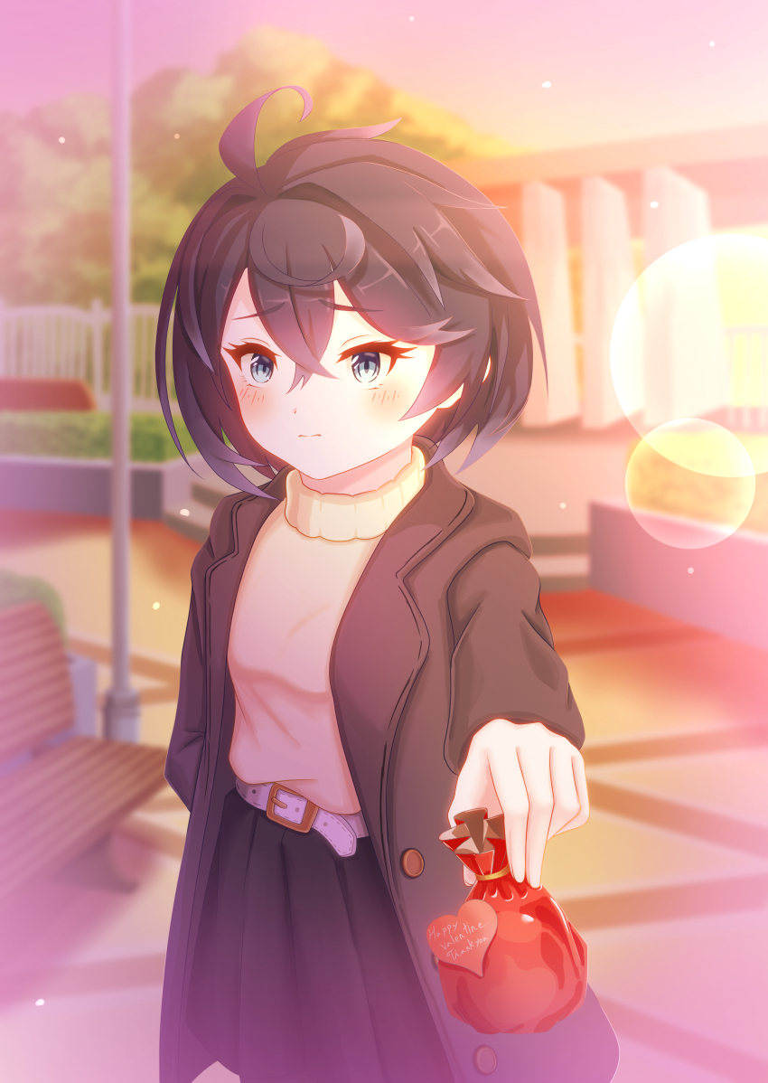 1girl, absurdres, ahoge, belt, bench, black_skirt, blue_eyes, blue_hair, blurry, blurry_background, blush, brown_coat, closed_mouth, coat, crossed_bangs, gift, gold_buckle, hair_between_eyes, highres, hino_kaede, holding, holding_gift, incoming_gift, open_clothes, open_coat, outdoors, pleated_skirt, princess_connect!, sheffy_(princess_connect!), sheffy_(real)_(princess_connect!), short_hair, skirt, solo, sweater, valentine, white_belt, yellow_sweater