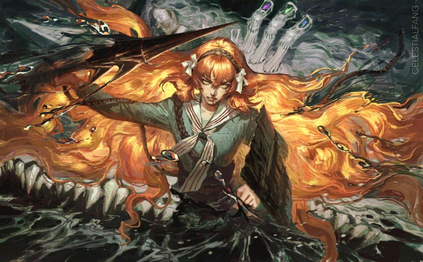 2girls, absurdres, ahab_(project_moon), artist_name, blood, blood_on_face, bow, brown_hairband, celestial_fang, commentary, english_commentary, gasharpoon_(e.g.o), hairband, harpoon, highres, holding, holding_weapon, ishmael_(project_moon), limbus_company, long_hair, multiple_girls, neckerchief, open_mouth, orange_hair, procreate_(medium), project_moon, rope, sailor, sailor_collar, shield, snagharpoon_(e.g.o), striped_neckerchief, very_long_hair, water, weapon, white_bow, white_hair, wooden_shield, yellow_eyes