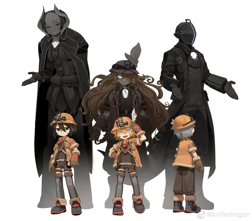 3boys, 3girls, :d, :|, =_=, absurdres, age_comparison, aged_down, arms_at_sides, ascot, belt, black_eyes, black_hair, black_thighhighs, blonde_hair, blue_eyes, bondrewd, boots, breast_pocket, brown_gloves, brown_jacket, cape, closed_mouth, coat, commentary_request, covered_face, crossed_bangs, facing_away, flashlight, gloves, glowing, glowing_eyes, grey_hair, grin, hair_between_eyes, hair_over_one_eye, hand_on_own_hip, hand_up, helmet, highres, hunched_over, jacket, jitome, knifedragon, long_hair, long_sleeves, looking_at_viewer, lyza_(made_in_abyss), made_in_abyss, mask, multicolored_hair, multiple_boys, multiple_girls, one_eye_covered, open_clothes, open_jacket, open_mouth, orange_hair, outstretched_hand, ozen, pants, pants_tucked_in, pocket, rls, salute, shoes, short_hair, short_jumpsuit, short_sleeves, simple_background, smile, thighhighs, two-tone_hair, watermark, weibo_watermark, whistle, whistle_around_neck, white_background