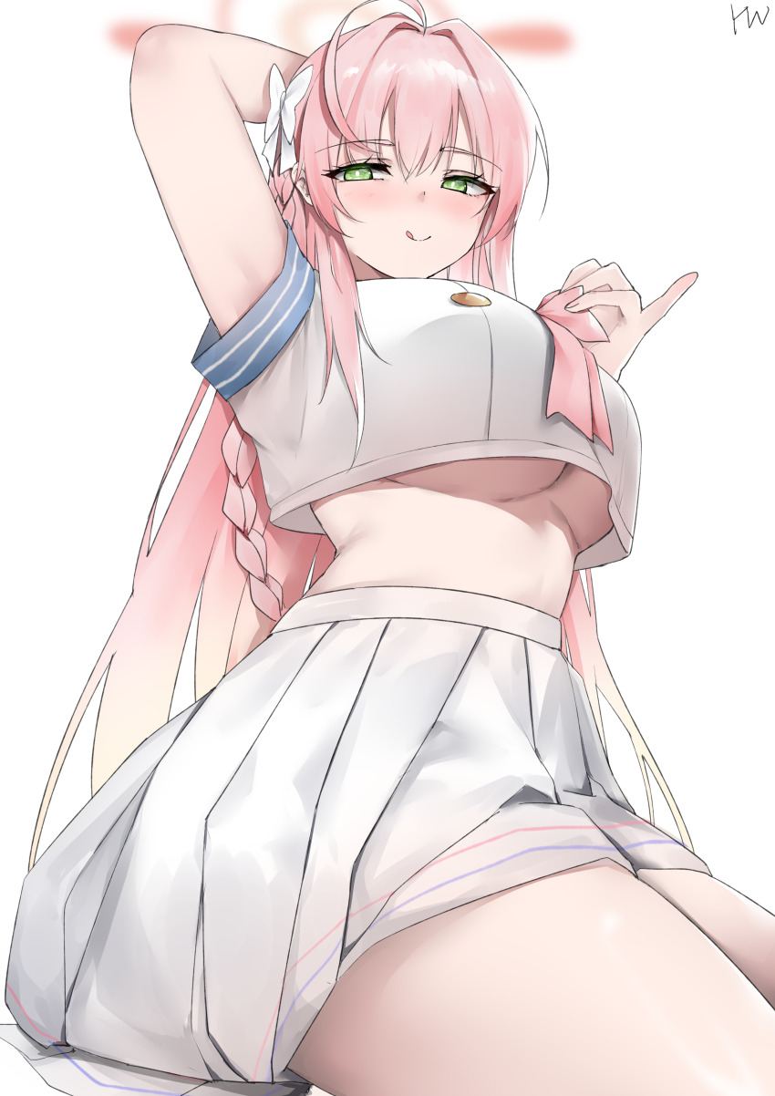 1girl, absurdres, ahoge, arm_up, blue_archive, blush, bow, bowtie, bowtie_pull, braid, breasts, closed_mouth, commentary, green_eyes, hair_between_eyes, hair_bow, halo, hanako_(blue_archive), highres, large_breasts, long_hair, looking_at_viewer, pink_bow, pink_bowtie, pink_hair, pink_halo, pinky_out, pleated_skirt, school_uniform, serafuku, short_sleeves, simple_background, skirt, smile, solo, thighs, tongue, tongue_out, underboob, white_background, white_bow, white_serafuku, white_skirt, yanwulazy