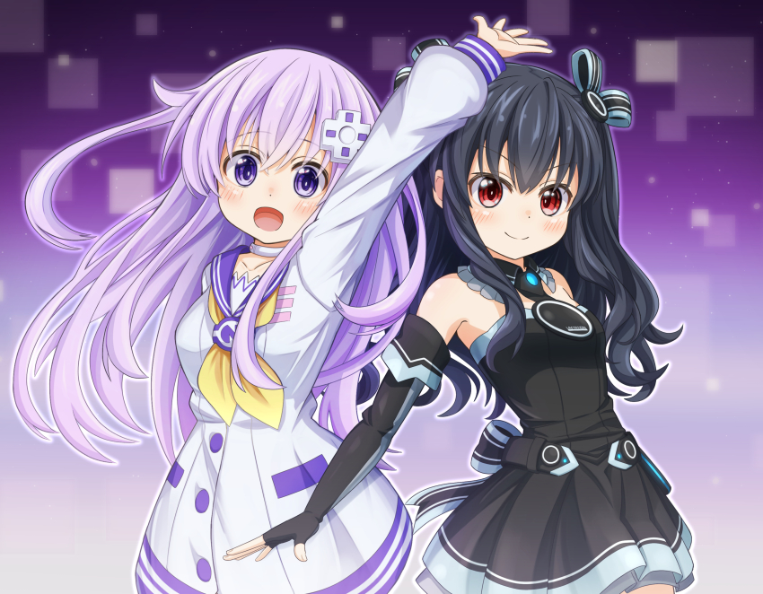 2girls, absurdres, arm_up, black_dress, black_hair, choker, closed_mouth, d-pad