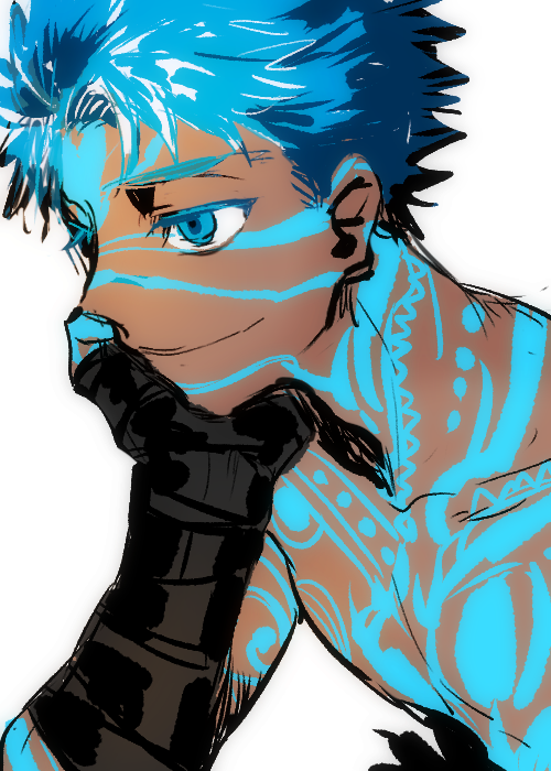 1boy, angra_mainyu_(fate), angra_mainyu_(third_ascension)_(fate), bandaged_arm, bandages, blue_eyes, blue_hair, commentary_request