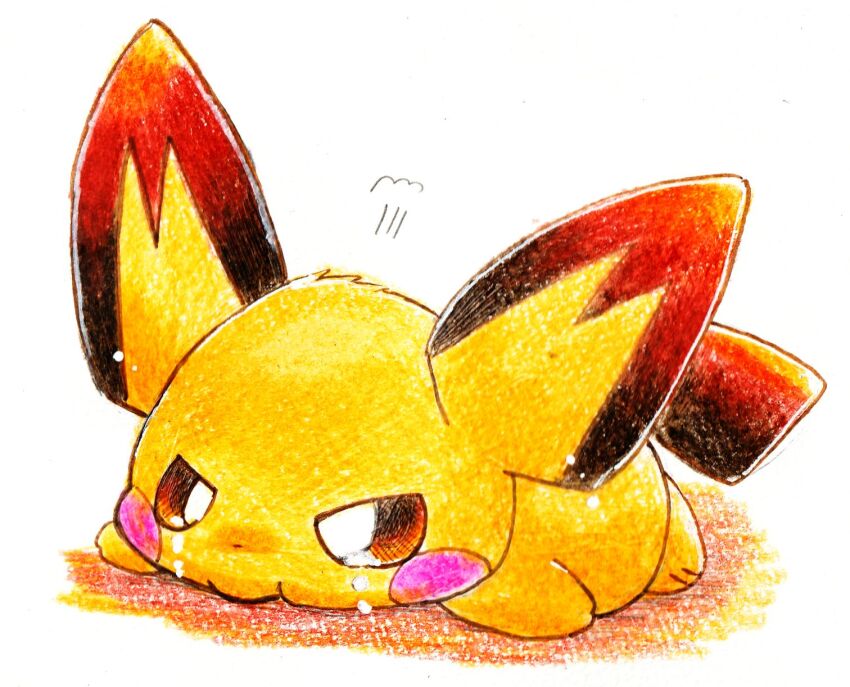 animal_focus, baby_animal, crying, crying_with_eyes_open, full_body, gen_2_pokemon, highres, kirin1204, lying, nintendo, no_humans, on_stomach, pichu, pokemon, pokemon_(creature), pokemon_focus, pout, simple_background, solo, tears, white_background