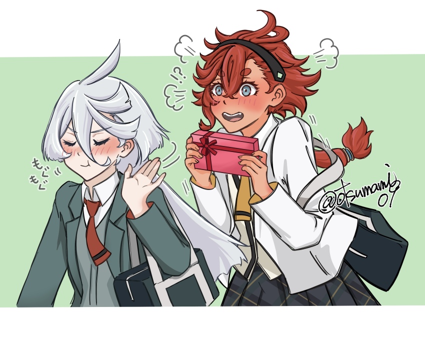 2girls, black_hairband, black_skirt, blue_eyes, blush, border, box, box_of_chocolates