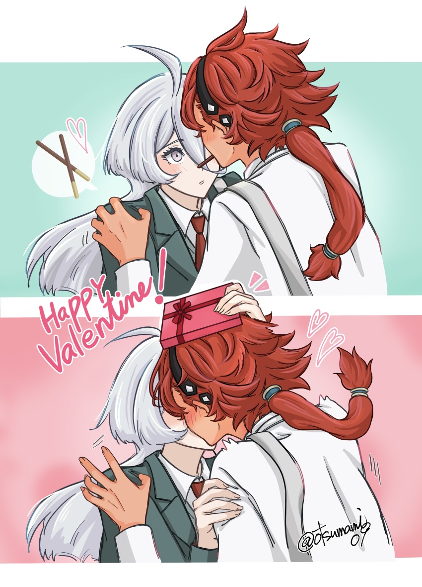 2girls, absurdres, blue_background, blush, border, box, box_of_chocolates, collared_shirt, commentary_request, food, green_jacket, grey_eyes, gundam, gundam_suisei_no_majo, gundam_suisei_no_majo:_seishun_frontier, happy_valentine, highres, holding, holding_box, jacket, kiss, long_hair, miorine_rembran, multiple_girls, necktie, otsunami, outside_border, pink_background, pocky, pocky_kiss, ponytail, red_hair, red_necktie, school_uniform, shared_food, shirt, suletta_mercury, valentine, white_border, white_hair, white_jacket, white_shirt, yuri