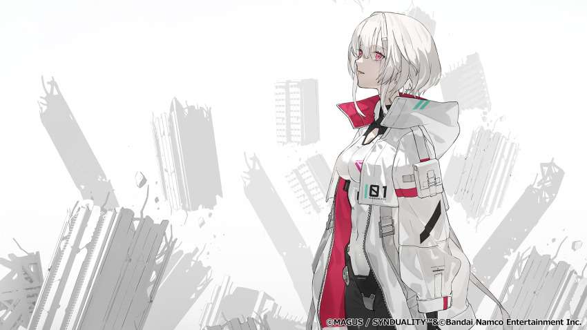 1girl, ada_(synduality), arm_pouch, belt, bob_cut, bodysuit, boots, cleavage_cutout