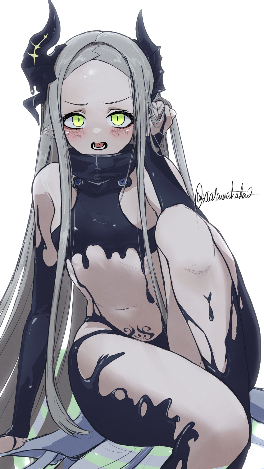 1girl, absurdres, black_horns, black_liquid, breasts, forehead, goddess_of_victory:_nikke, green_eyes