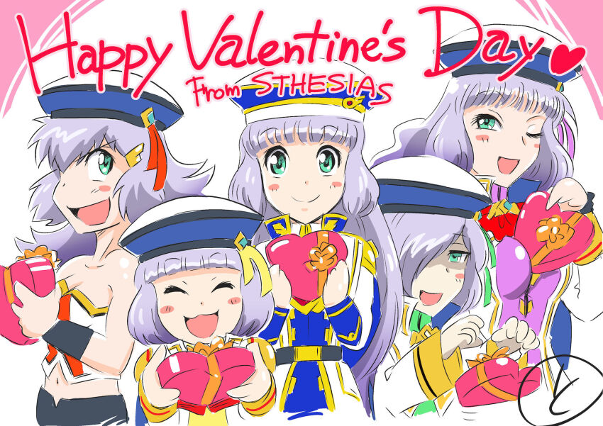 5girls, aqua_eyes, beret, box, breasts, chocolate, closed_eyes, closed_mouth