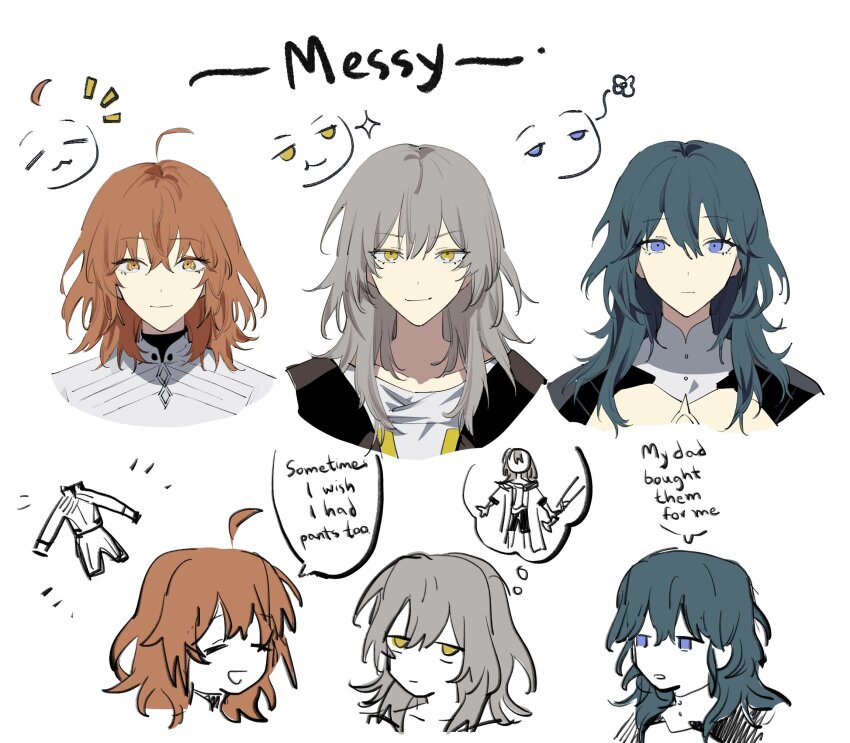 3girls, ahoge, blue_eyes, female_byleth_(fire_emblem), closed_eyes, closed_mouth, commentary, crossover