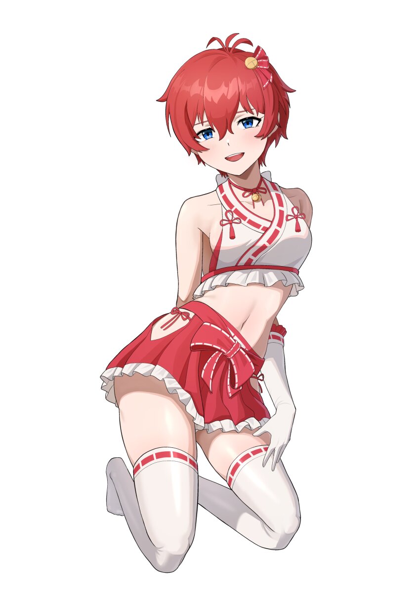 1girl, absurdres, antenna_hair, arm_behind_back, bare_shoulders, bell, bikini, blue_eyes