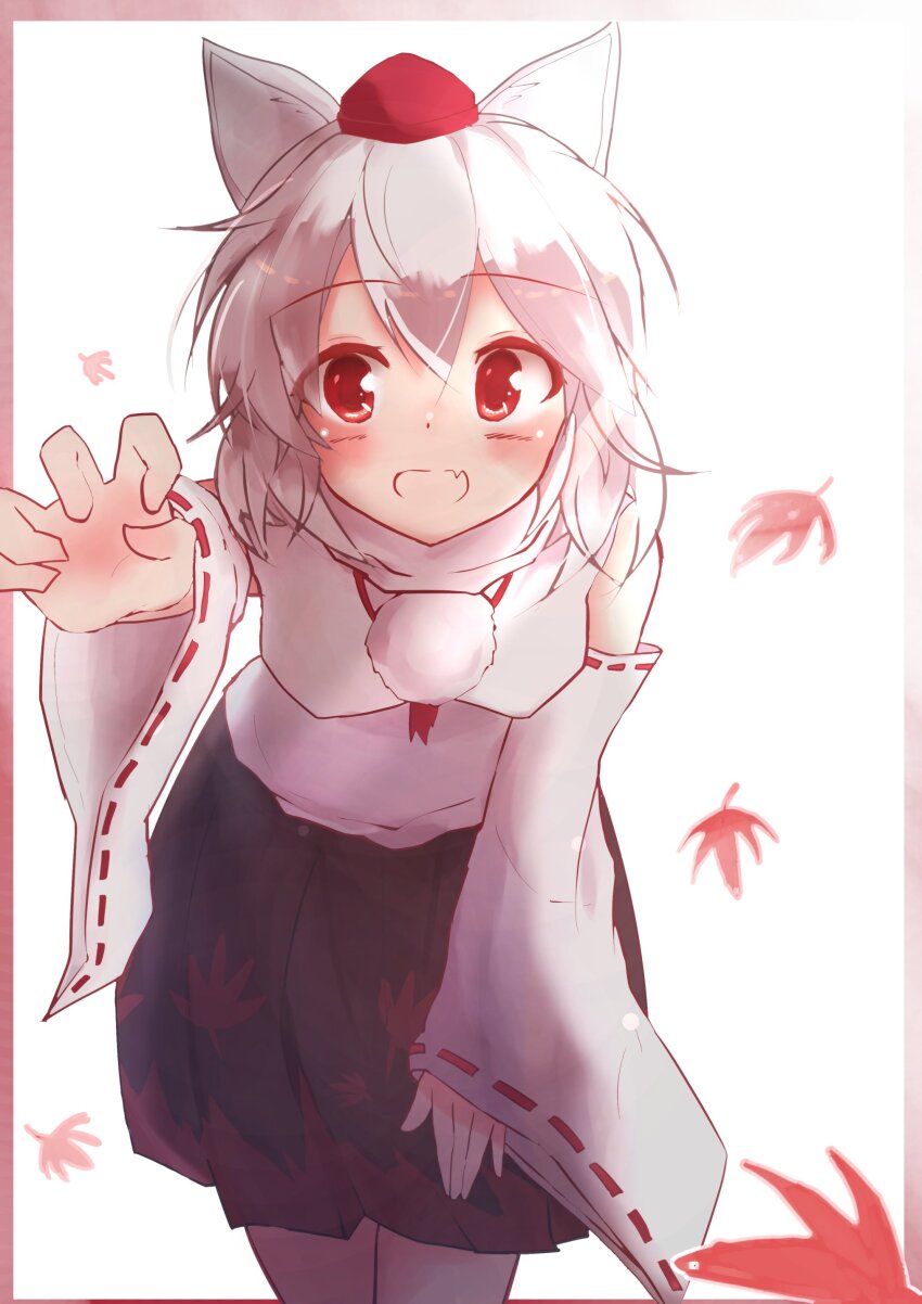 1girl, absurdres, animal_ears, black_skirt, blush, border, claw_pose, commentary_request