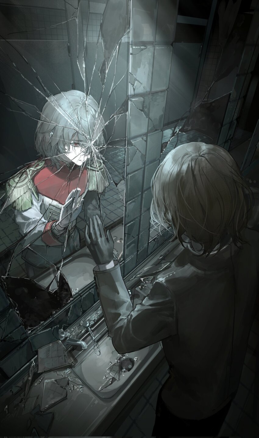 00608d, 2boys, akechi_gorou, black_gloves, broken_mirror, brown_hair, brown_jacket, crack_of_light