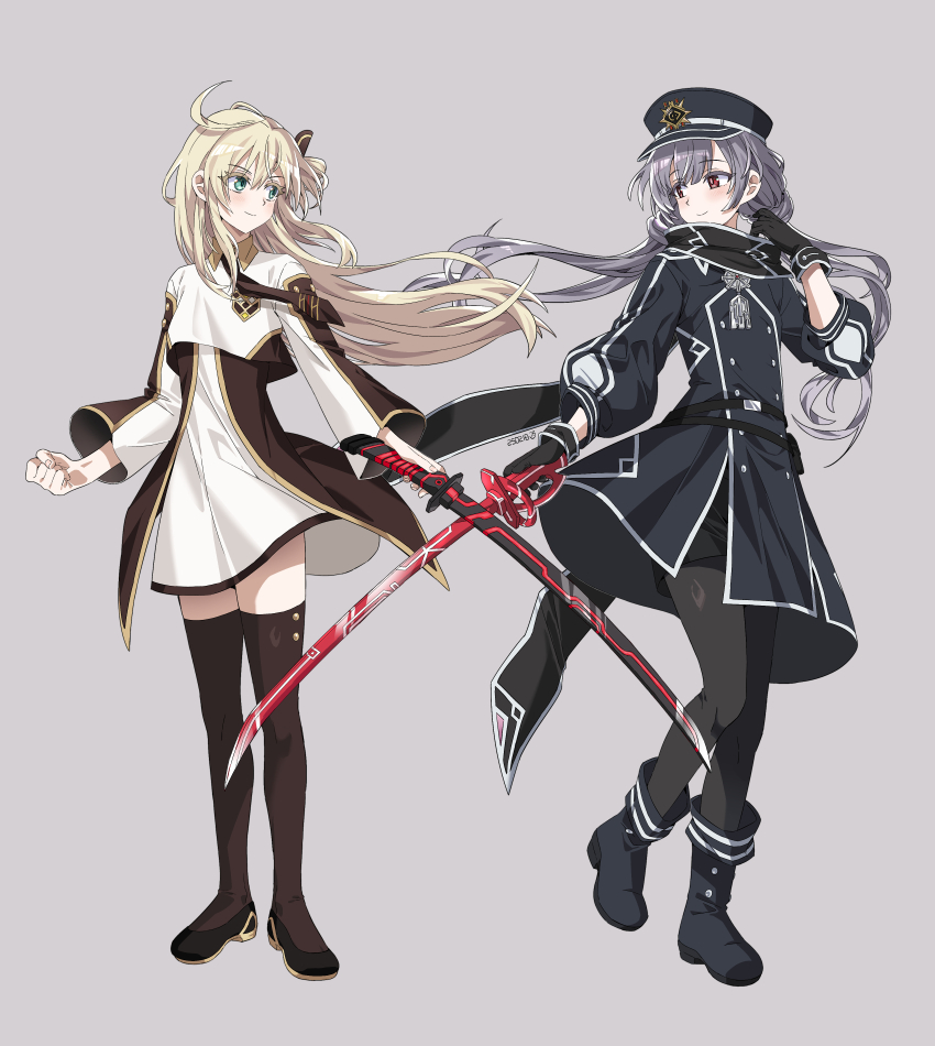 2girls, absurdres, black_necktie, black_scarf, blonde_hair, collared_dress, dress, duel_monster
