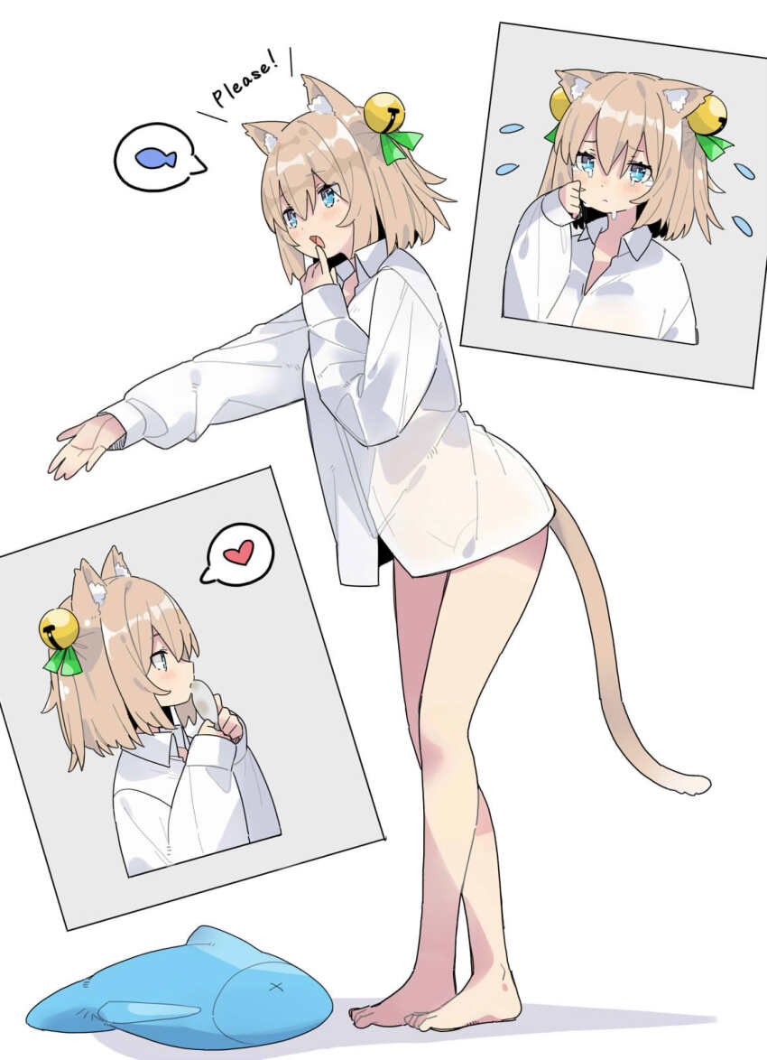 1girl, :d, animal_ears, barefoot, bell, blue_eyes, bottomless, brown_hair, cat_ears, cat_girl, cat_tail, crying, crying_with_eyes_open, eating, fish, full_body, hair_bell, hair_ornament, heart, highres, long_sleeves, naked_shirt, open_mouth, original, pa._(tatuya28001), sad, see-through_clothes, see-through_shirt, shirt, short_hair, simple_background, smile, spoken_food, spoken_heart, tail, tears, white_background, white_shirt