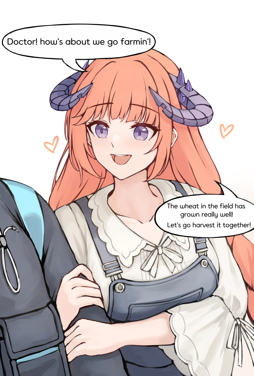 1girl, 1other, :d, absurdres, arknights, bagpipe_(arknights), bagpipe_(echo_of_bagpipes)_(arknights), black_jacket, commentary, doctor_(arknights), dragon_girl, dragon_horns, dress, english_commentary, english_text, gongbangmanchi_(daisy_cutter), grey_overalls, heart, highres, horns, jacket, long_hair, long_sleeves, looking_at_another, official_alternate_costume, open_mouth, orange_hair, overalls, pinafore_dress, purple_eyes, simple_background, sleeveless, sleeveless_dress, smile, speech_bubble, teeth, upper_body, upper_teeth_only, white_background, white_dress