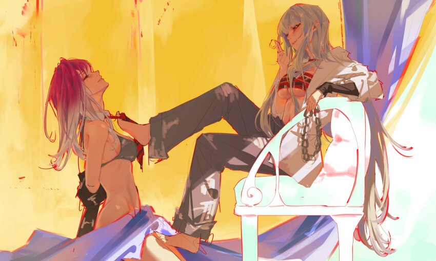 2girls, arms_behind_back, baggy_pants, bare_arms, bare_shoulders, barefoot, bottomless, bound