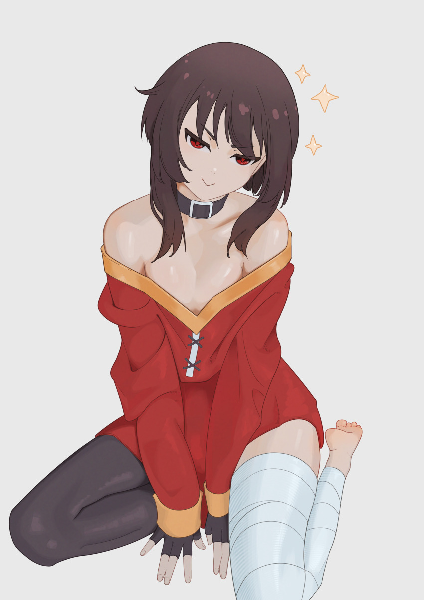 1girl, absurdres, asymmetrical_legwear, bandaged_leg, bandages, bare_shoulders, barefoot, belt_collar, black_gloves, black_hair, black_thighhighs, breasts, closed_mouth, collar, collarbone, dress, fingerless_gloves, gloves, grey_background, highres, kono_subarashii_sekai_ni_shukufuku_wo!, long_sleeves, looking_at_viewer, loose_clothes, loose_dress, megumin, mismatched_legwear, off-shoulder_dress, off_shoulder, red_dress, red_eyes, short_hair_with_long_locks, simple_background, single_thighhigh, sitting, small_breasts, solo, thighhighs, v-shaped_eyebrows, wariza, ynnk_lc