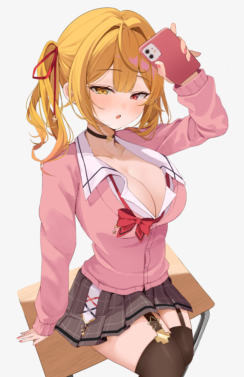 1girl, :o, absurdres, alternate_breast_size_(larger), black_choker, blonde_hair, blush, bow, bowtie, breasts, brown_thighhighs, cardigan, cellphone, choker, cleavage, commentary_request, garter_straps, grey_skirt, hair_ribbon, heterochromia, highres, hoshikawa_sara, hoshikawa_sara_(4th_costume), large_breasts, long_sleeves, looking_at_viewer, loose_bowtie, medium_hair, miniskirt, moku_yoi, nail_polish, nijisanji, phone, pink_cardigan, plaid_clothes, plaid_skirt, pleated_skirt, red_bow, red_bowtie, red_eyes, red_ribbon, ribbon, school_uniform, shirt, simple_background, sitting, skirt, smartphone, solo, thighhighs, twintails, virtual_youtuber, white_background, white_shirt, yellow_eyes