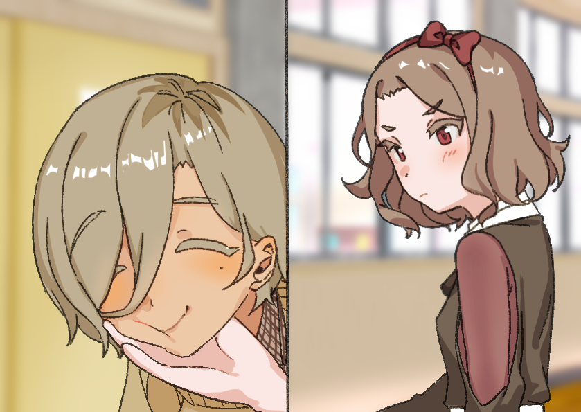 2girls, black_vest, blonde_hair, blush, bow, closed_eyes, collared_shirt, ebizuka_tomo