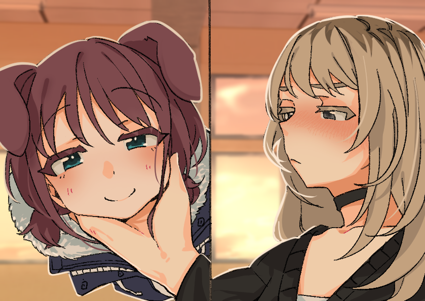 2girls, animal_ears, black_cardigan, black_choker, blonde_hair, blue_coat, blue_eyes, blush