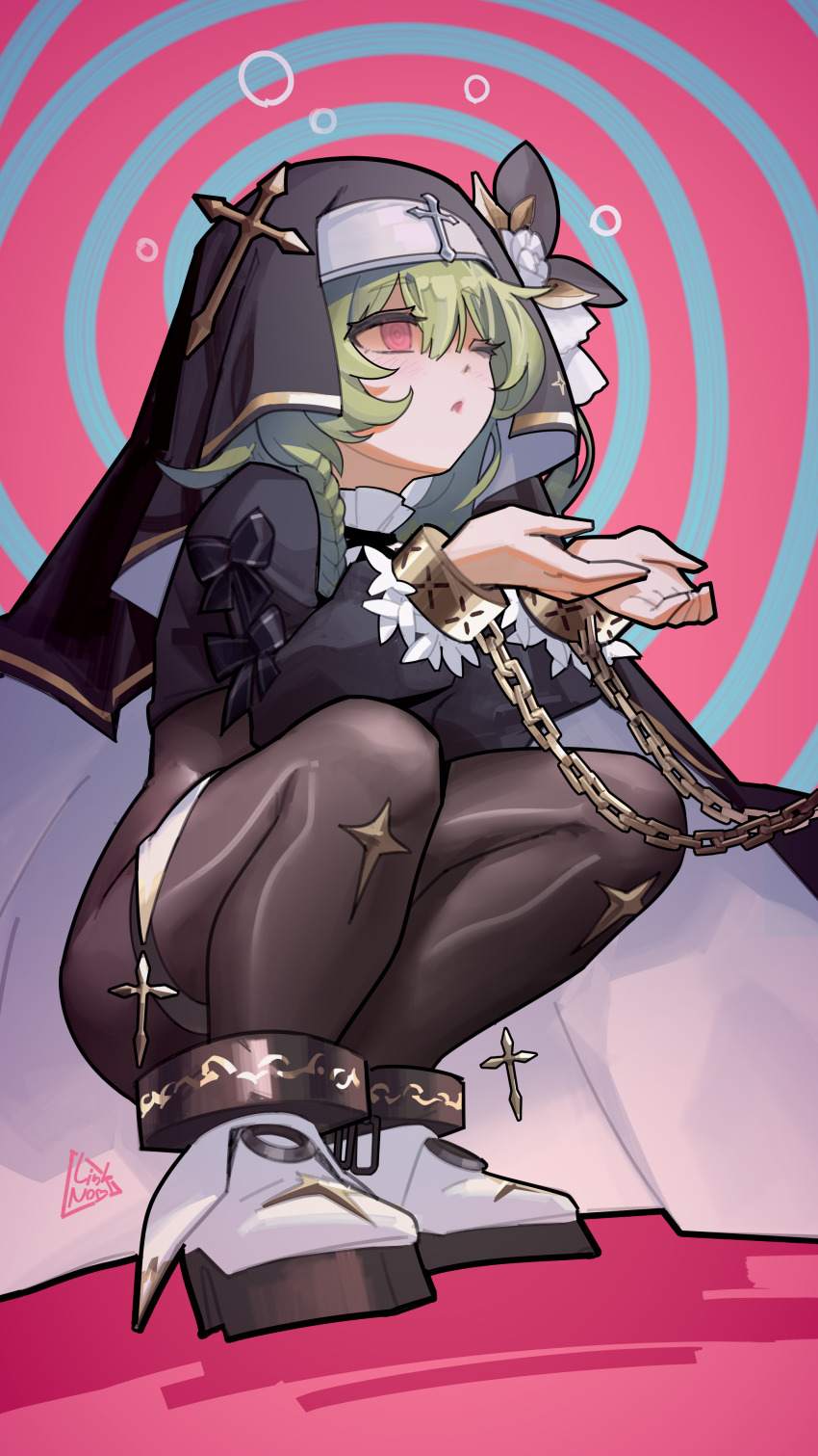 1girl, absurdres, black_shrug, bodystocking, boots, chain, change_in_common_sense, cross