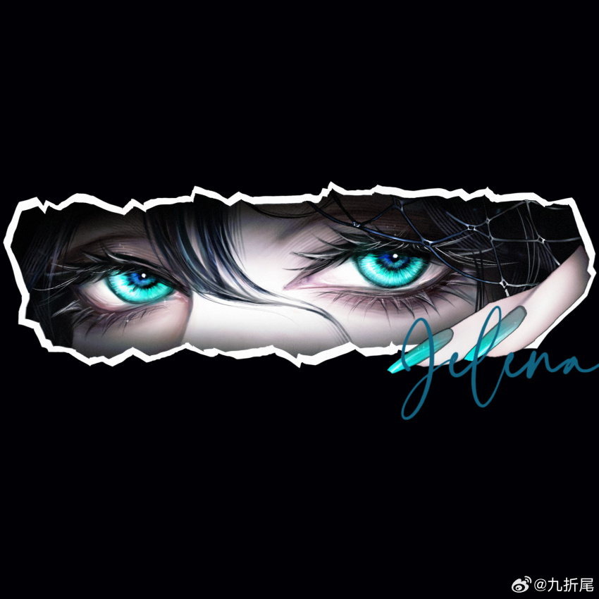1girl, aqua_eyes, aqua_nails, black_background, black_hair, character_signature, chinese_commentary, commentary