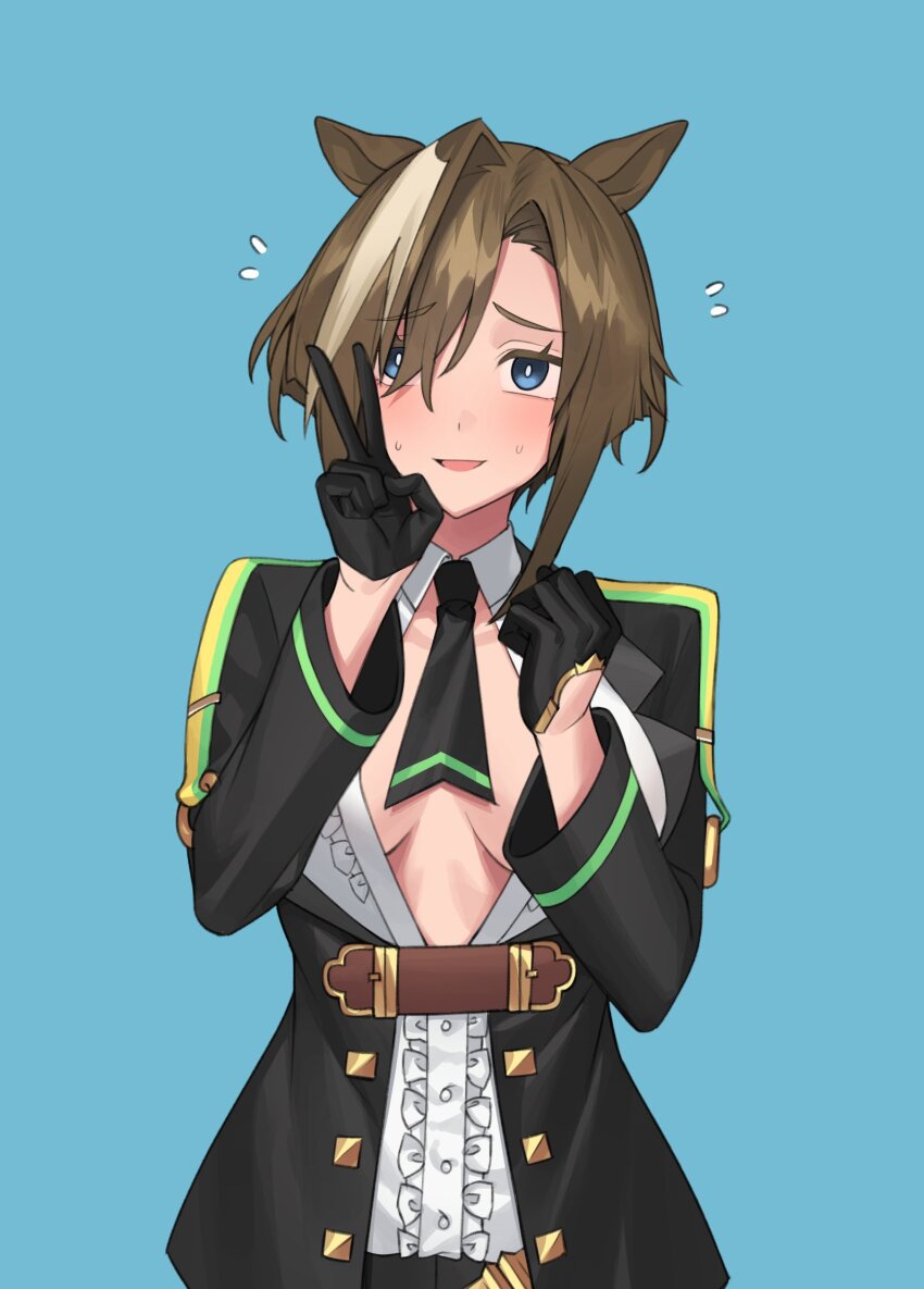 1girl, animal_ears, between_breasts, black_gloves, black_necktie, blue_background, blue_eyes, breasts