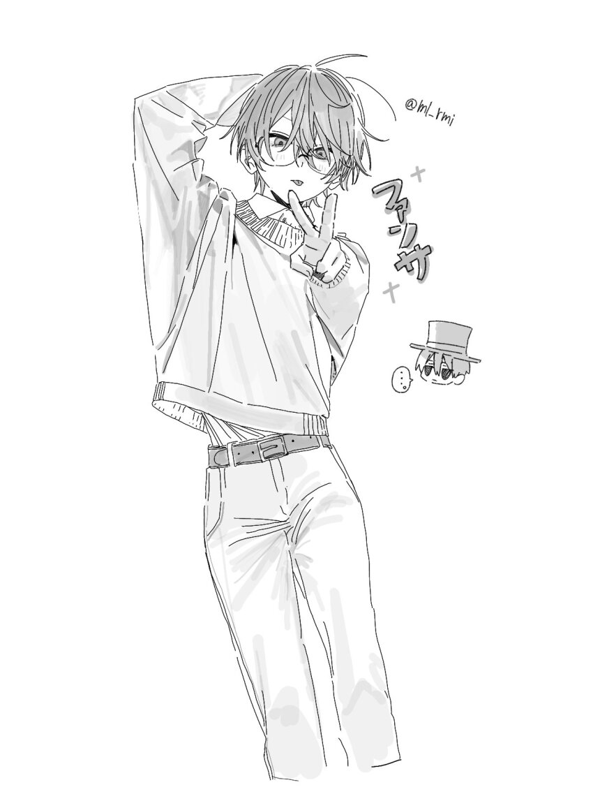1boy, arm_behind_head, artist_name, closed_mouth, collared_shirt, commentary_request, glasses, greyscale, hair_between_eyes, hand_up, highres, light_blush, looking_at_viewer, male_focus, ml_rmi, monochrome, original, pants, shirt, shirt_tucked_in, short_hair, simple_background, straight_hair, sweater, tongue, tongue_out, tsurime, undershirt, v, white_background