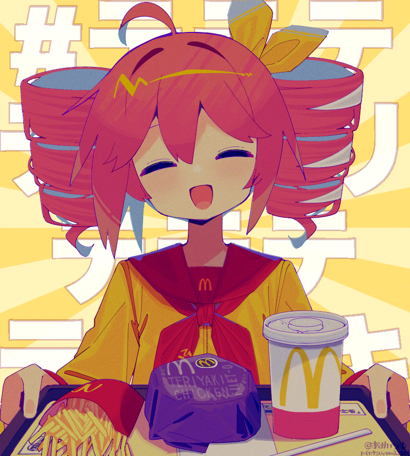 1girl, ahoge, aoi_tsuyu, bow, cup, disposable_cup, dress, drill_hair