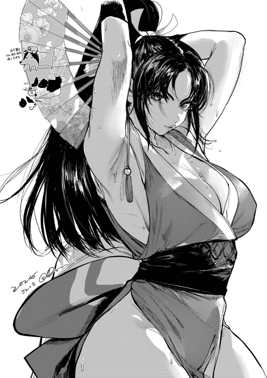1girl, alsonotdon, armpits, arms_behind_head, breasts, cleavage, fatal_fury, greyscale, hand_fan, high_ponytail, highres, holding, holding_fan, large_breasts, long_hair, looking_at_viewer, monochrome, ninja, no_bra, ponytail, puckered_lips, seductive_gaze, seductive_smile, shiranui_mai, simple_background, smile, solo, sweat, the_king_of_fighters, white_background