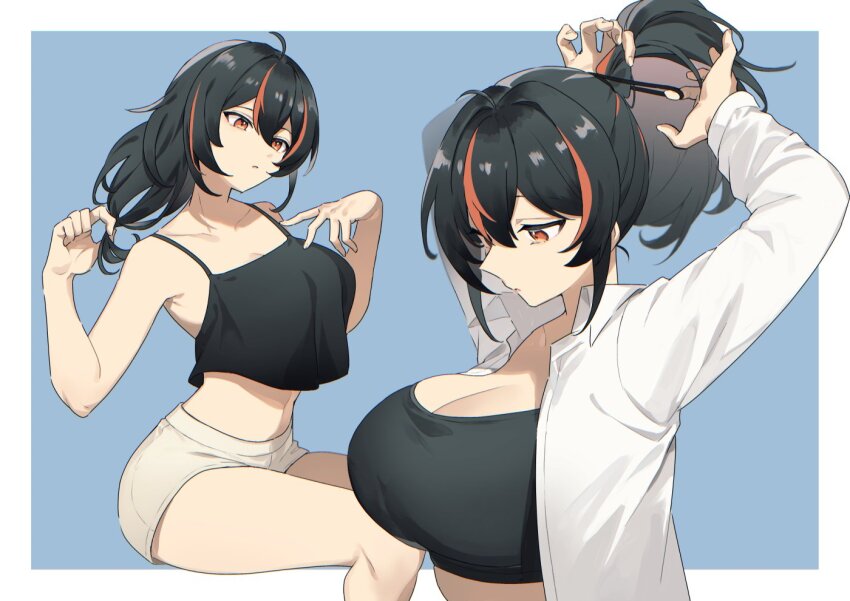 1girl, black_camisole, black_hair, black_sports_bra, blue_background, border, breasts, camisole, commentary, hands_in_own_hair, large_breasts, multicolored_hair, ponytail, red_eyes, red_hair, shirt, shorts, solo, sports_bra, streaked_hair, tying_hair, umeda_shiso, untying_hair, white_border, white_shirt, white_shorts, zenless_zone_zero, zhu_yuan