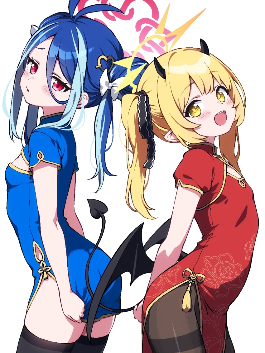 2girls, ahoge, black_pantyhose, black_thighhighs, blonde_hair, blue_archive, blue_hair, breasts, buta_(dhakaoat), china_dress, chinese_clothes, demon_girl, demon_horns, demon_tail, demon_wings, double_bun, dress, flat_chest, fubuki_(blue_archive), hair_bun, halo, highres, horns, ibuki_(blue_archive), loli, multiple_girls, pantyhose, pink_eyes, simple_background, small_breasts, tail, thighhighs, twintails, white_background, wings, yellow_eyes