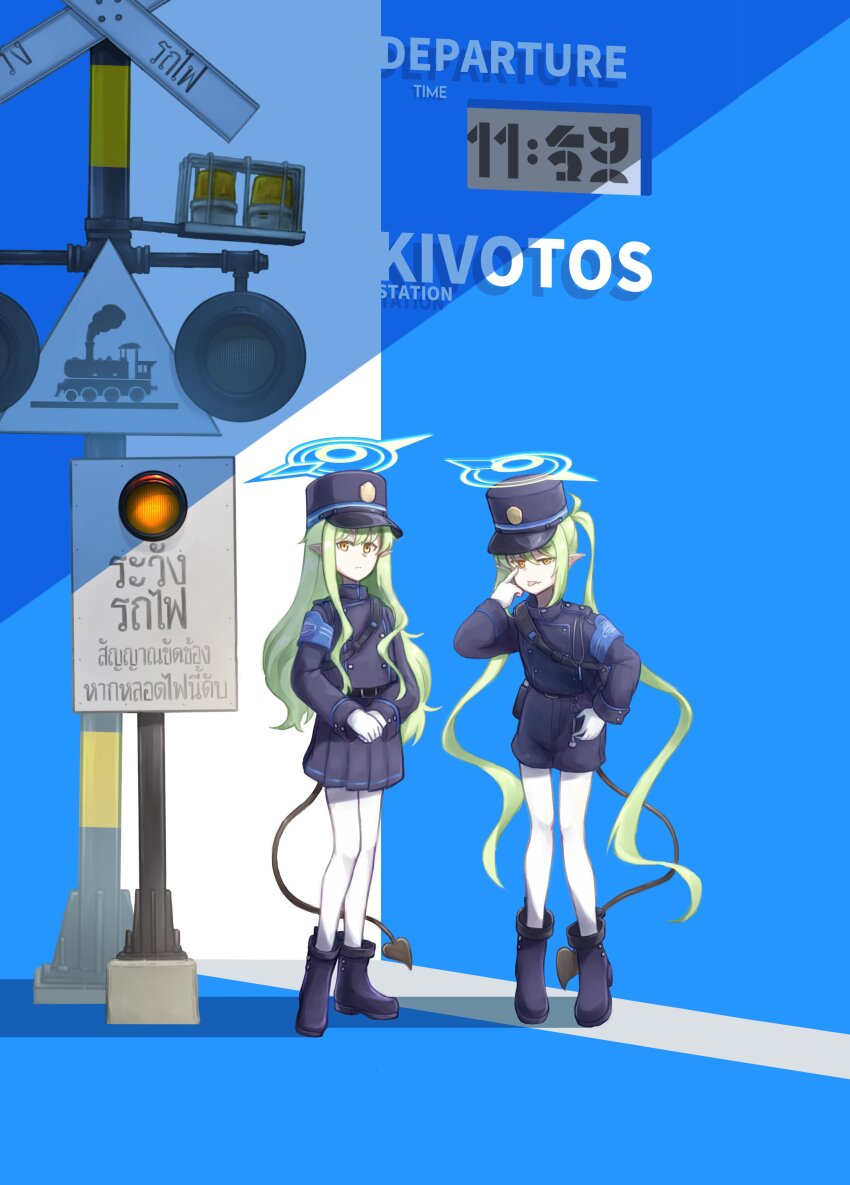 2girls, absurdres, blue_archive, blue_background, blue_hair, blue_pants, blue_shirt, blue_skirt