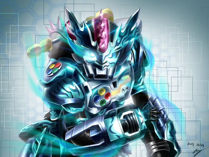 1boy, 2017, armor, aura, black_bodysuit, blue_armor, bodysuit, commentary