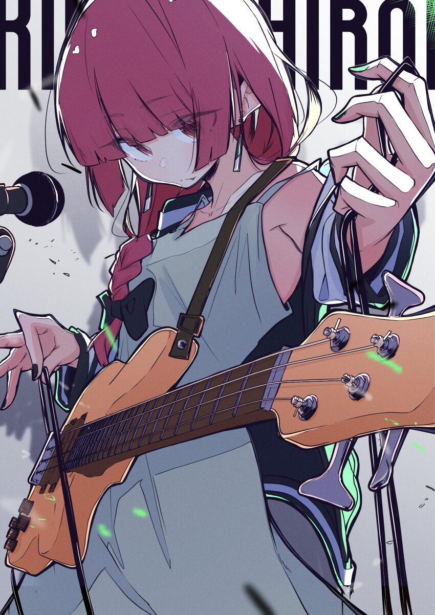 1girl, absurdres, aomoringo, bare_shoulders, bass_guitar, black_bow, black_jacket, black_nails