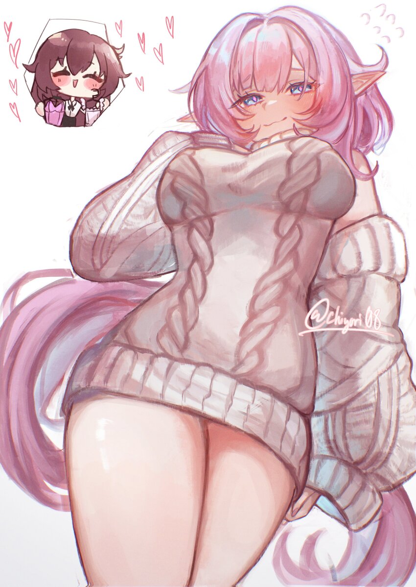 2girls, absurdres, alternate_costume, blue_eyes, blush_stickers, breasts, brown_hair, chiyori08, clothes_hanger, commentary, cowboy_shot, dress, eden_(honkai_impact), elf, elysia_(honkai_impact), english_commentary, from_below, grey_dress, heart, highres, holding, holding_unworn_clothes, holding_unworn_dress, honkai_(series), honkai_impact_3rd, imminent_forced_dressing, large_breasts, long_hair, looking_at_viewer, multiple_girls, pink_hair, pointy_ears, smile, sweater, sweater_dress, thighs, twitter_username, unworn_dress, white_background