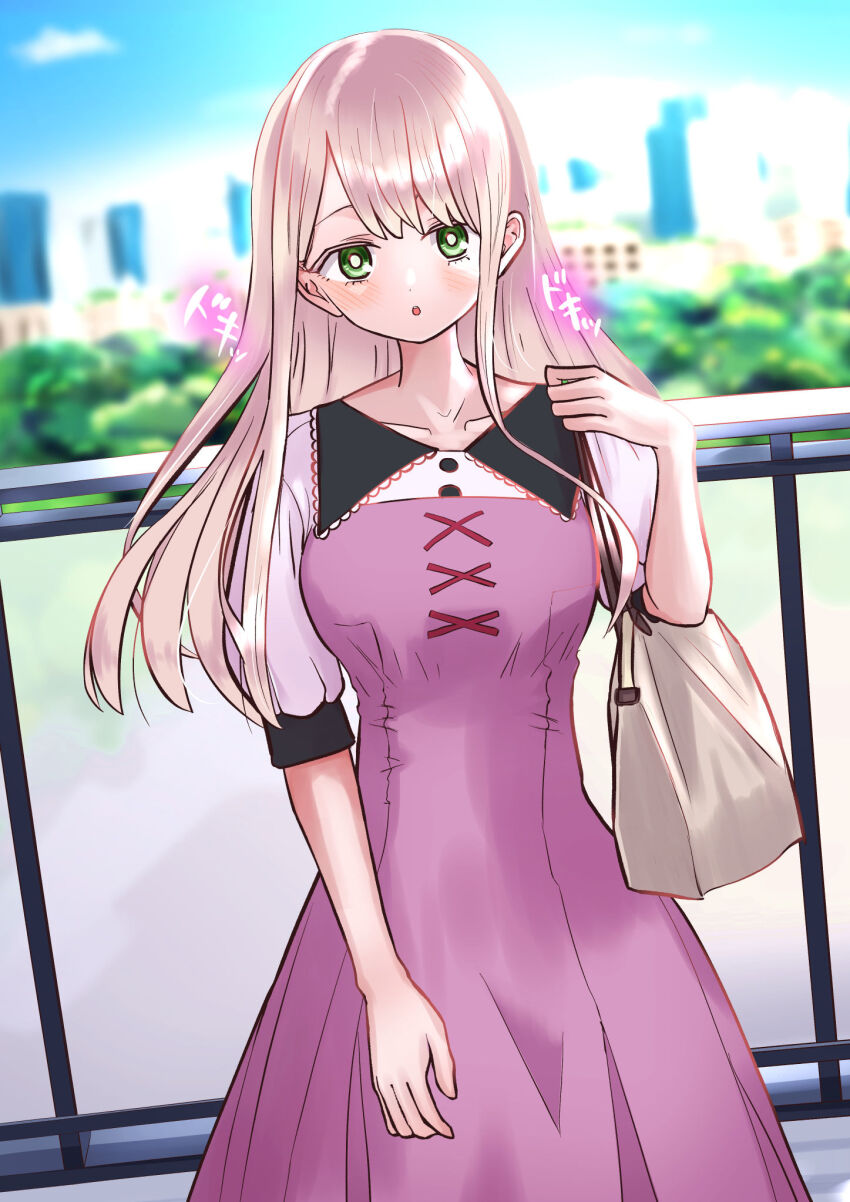 1girl, :o, bag, blonde_hair, blush, boku_no_kokoro_no_yabai_yatsu, collarbone, day