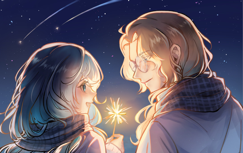 1boy, 1girl, 37_(reverse:1999), 6_(reverse:1999), :d, alternate_costume, blonde_hair, blue_eyes