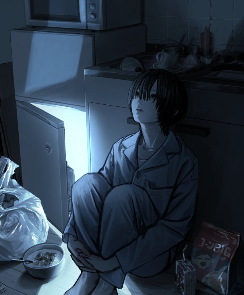 1boy, bag, black_eyes, black_hair, blue_pajamas, bowl, cereal, counter