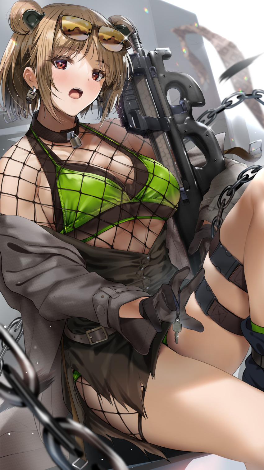 1girl, bikini, black_gloves, blush, breasts, brown_hair, bullpup, commission