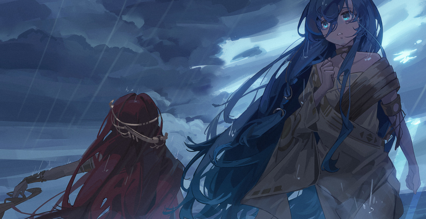 2girls, 37_(reverse:1999), absurdres, ancient_greek_clothes, armlet, bare_shoulders, blue_eyes, blue_hair