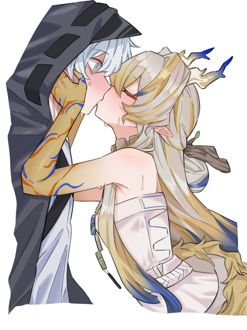 1boy, 1girl, absurdres, ahti, arknights, bare_shoulders, black_coat, blonde_hair